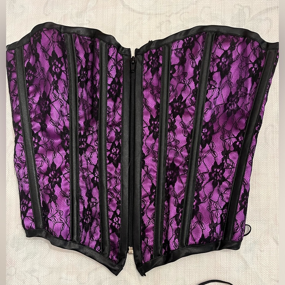 Purple/black lace zip front corset